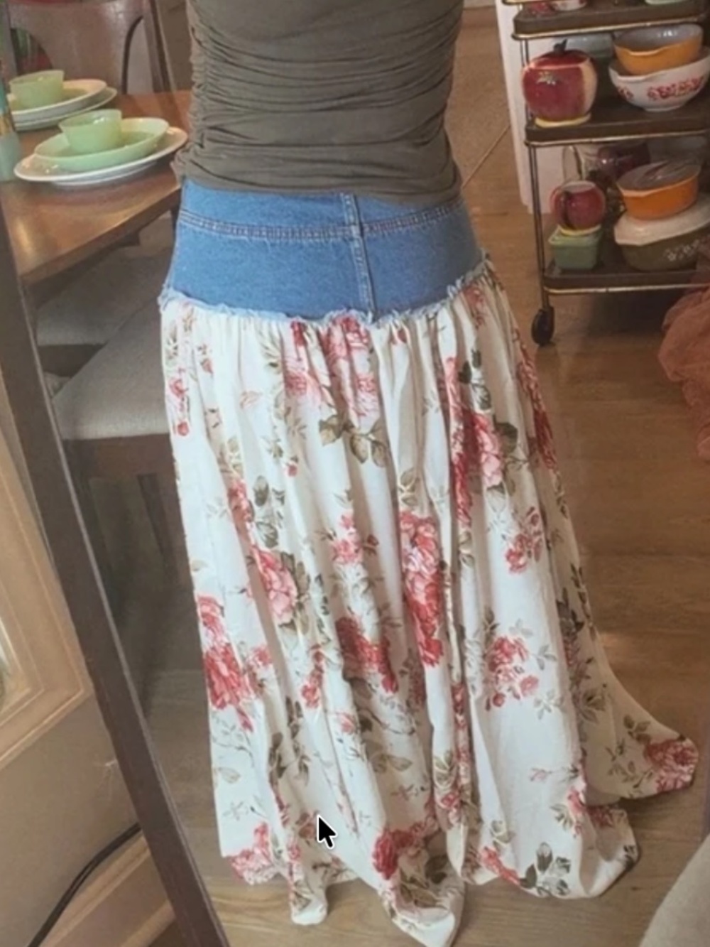 Boho Floral Print Denim Frayed Flowy Maxi Skirt - Picture 2 of 6